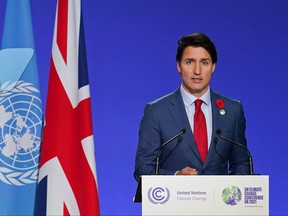 Prime Minister Justin Trudeau presents his national statement as part of the World Leaders' Summit of the COP26 UN Climate Change Conference in Glasgow, Scotland on Nov. 1, 2021.
