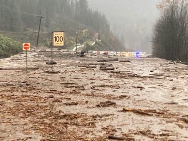 This handout photo taken and released on Nov. 14, 2021 by the British Columbia Ministry of Transportation and Safety shows a mudslide closing Highway 1 between Popkum and Hope, east of Chilliwack, Canada.