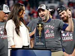 Alex Anthopolous didn’t get to celebrate with his Atlanta Braves after clinching the World Series because of a positive test for COVID, so he might have to console himself with this in-person appearance just over a week earlier when the Braves won the National League title over the L.A. Dodgers.