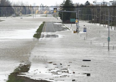 Flooding Highway 1 looking westbound towards Abbotsford is seen in Chilliwack, B.C., Tuesday, November 16, 2021.