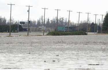 Highway 1 is flooded in Chilliwack, B.C., Tuesday, November 16, 2021.