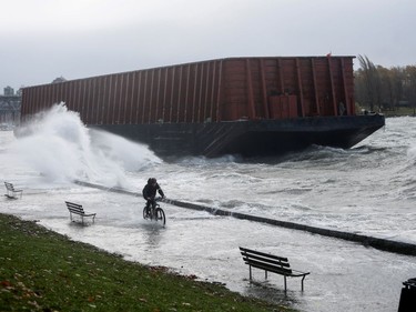 A man rides a bicycle along the sea wall past a barge that came loose from its mooring and crashed ashore after rainstorms lashed B.C. on Nov. 15, 2021.