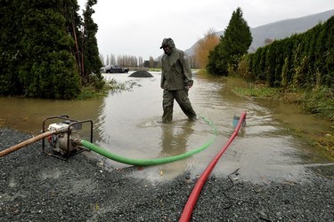 Darryl Jansen pumps water away from a building in Chilliwack after rainstorms lashed southern B.C. Nov. 15, 2021.