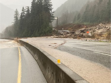 A view of the Coquihalla Highway following mudslides and flooding in Nov. 14, 2021, in this picture obtained from social media on Nov. 15, 2021.