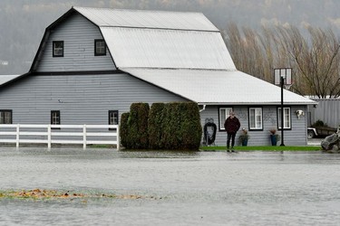 A man surveys the flooding on a property after rainstorms lashed the western Canadian province of British Columbia, triggering landslides and floods, shutting highways, in Abbotsford.