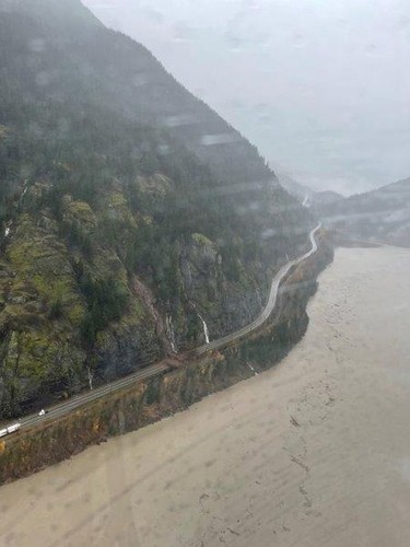 An aerial view shows the extent of flooding near Haig, British Columbia, Canada, November 15, 2021. B.C. Ministry of Transportation and Infrastructure.