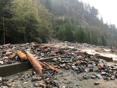 Debris lie on the ground after a landslide and flood, near Ten Mile, British Columbia, Canada, November 15, 2021.