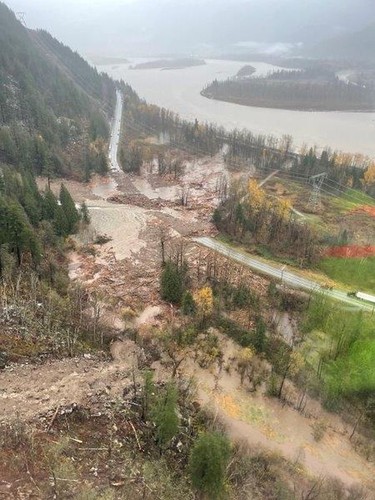 An aerial view shows the damage caused by floods and landslide near Sea Bird Island, British Columbia, Canada, November 15, 2021. B.C. Ministry of Transportation and Infrastructure.