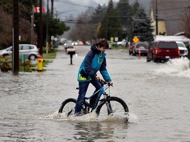 A cyclist crosses a flooded road after rainstorms lashed the western Canadian province of British Columbia, triggering landslides and floods, shutting highways, in Chilliwack.