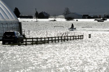 A person riding a Sea-Doo passes through a flooded farm after rainstorms caused flooding and landslides in Abbotsford, British Columbia, Canada November 16, 2021.