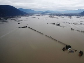 Flooded farms are seen in this aerial photo in Sumas Prairie, Abbotsford, B.C.