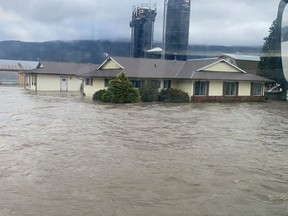 Flooding on the de Leeuw family farm is seen on the Sumas Prairie in a Nov. 23, 2021, handout photo. Tiffany de Leeuw says her in-laws don't expect to be able to fully access the property for a few weeks.