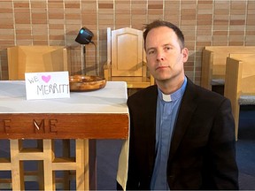 Pastor Steve Filyk poses for a photo at St. Andrew's Presbyterian Church in Kamloops, B.C. on Sunday, Nov. 21, 2021. Filyk urged his followers Sunday to help those suffering from the flooding at a time the world appears particularly dark.