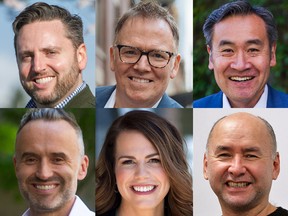 B.C. Liberal leadership candidates (top, from left) Gavin Dew, Kevin Falcon, Michael Lee; and (bottom, from left) Val Litwin, Renee Merrifield and Ellis Ross.