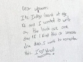 Bowen Island woman Indigo Grant has received a message from a young Mexican woman who found a note on the back of an artwork that Grant painted in 2012.