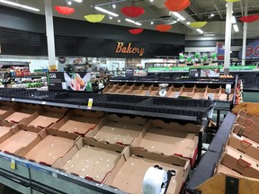 Empty boxes in the fruit section of a grocery store in Kelowna, following catastrophic flooding in B.C.