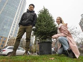 Paige Wheaton, proprietor of Evergrow Christmas Trees, and Daichi Ishikawa in Vancouver this week.