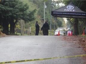 Handout photo of the site of a shooting  at 25387 102 Avenue, Maple Ridge, Nov. 1, 2021. IHIT has identified the shooting victim  as Daniel William Delmark. Delmark is not known to police and has no connections to the ongoing Lower Mainland gang conflict. IHIT is asking for dash cam video of any person or vehicle in area of Lougheed Hwy, 100 and 102 Avenue around 264th Street. The key times for footage is between 6 to 7 p.m.