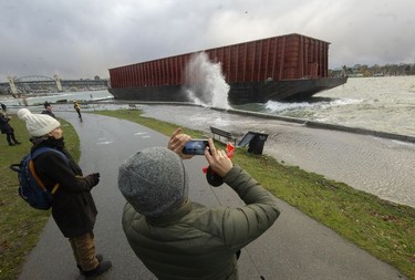 A barge drifted loose in English Bay during a storm Nov. 15, 2021.