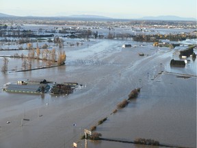 Handout photo from Mayor Henry Braun and Abbotsford Police Department's aerial tour of the Sumas Prairie on Police Helicopter Air 1 on Nov. 16, 2021.