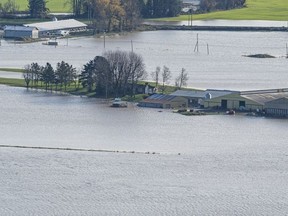 A farm is surrounded by flood waters in Abbotsford, BC, November, 17, 2021.