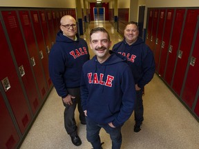 Counsellor Cameron Smith (front) with Principal Rob Sloboda (left) and teacher Clay Radons at Yale Secondary School in Abbotsford.
