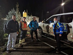 Part of the team of doctors, nurses, police and CN employees who worked together to reach a young patient seriously injured by a mudslide near Hope. From left, Sumeet Gill, respiratory therapist SMH; CN Rail employee Tyson (last name not provided); Dr. Greg Haljan, ICU physician, medical director, SMH and Jim Pattison Outpatient Care and Surgery Centre; and Greg Sills, critical care nurse, SMH.