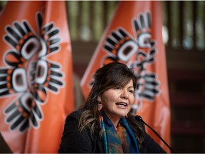 Tk'emlups te Secwepemc Kukpi7 (Chief) Rosanne Casimir speaks during a news conference ahead of a ceremony to honour residential school survivors and mark the first National Day for Truth and Reconciliation, in Kamloops on Sept. 30, 2021.