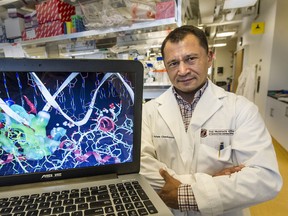 DECEMBER 14,  2015. Researcher Artem Cherkasov  in the lab with computer model simulations of drug actions used to develop new treatment for  drug resistant prostate cancer at the Vancouver Prostate Centre at VGH  in  Vancouver, B.C., on December 14, 2015.    (Steve Bosch  /  PNG staff photo) 00040751A  Randy Shore story.  [PNG Merlin Archive]