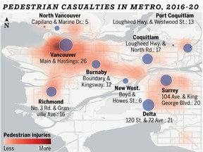 Map shows intersections with the highest number of pedestrian casualties due to collisions.