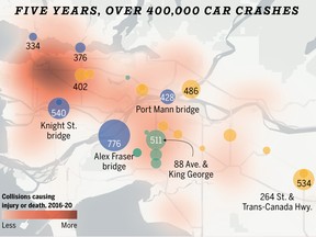 Map shows the locations of vehicle collisions in Metro Vancouver causing injury or death, 2016-20.