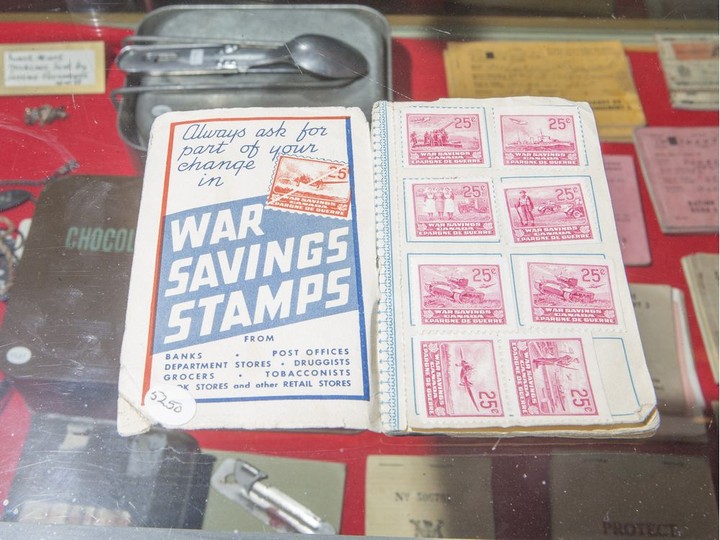  Second World War ration stamps are displayed at the Saskatoon Museum of Military Artifacts.