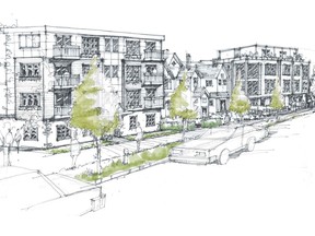 City of Vancouver illustrations showing four-storey apartment buildings beside single detached houses.