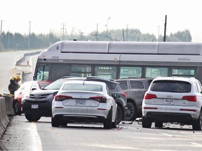 A multi-vehicle crash involving a transit bus blocked off King George Boulevard at the Colebrook Road overpass on Sunday, Dec. 5, 2021.