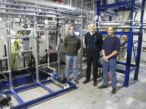 UBC researchers and technical advisers Arman Bonakdarpour (left) David Wilkinson (middle) and president of Mangrove Lithium Saad Dara (right.) Mangrove is a Vancouver based Company which has developed a way to produce cost-effective lithium to address the supply crunch for electric vehicle batteries.