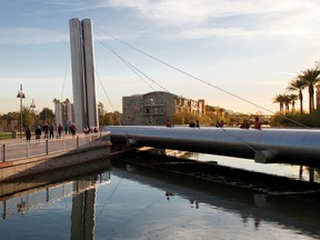 The Soleri Bridge crosses the Arizona Canal in Old Town Scottsdale.