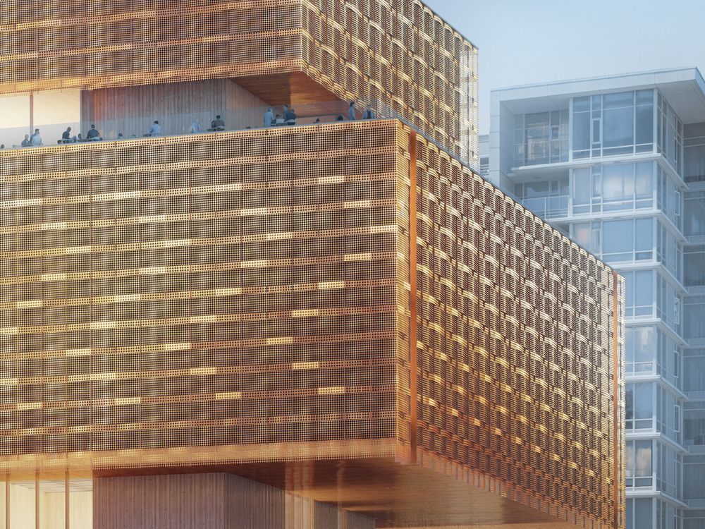 Artist rendering of the redesigned facade of the new Vancouver Art Gallery showing the building wrapped in a copper-coloured metallic weave.