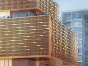 Artist's rendering of the redesigned facade of the new Vancouver Art Gallery showing the building wrapped in copper-colored metallic weave.
