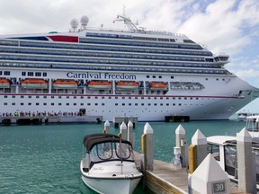 This file photo taken Feb. 18, 2013, shows the Carnival Freedom in Key West, Fla.