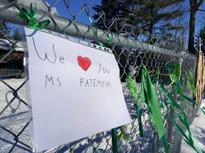 A note left at a Chelsea, Que., elementary school shows support for a teacher after she was removed from her post because she was wearing a hijab, Thursday, Dec. 9, 2021.