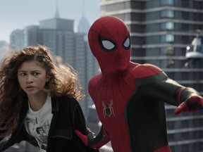 MJ (Zendaya) prepares to freefall with Spider-Man in No Way Home.