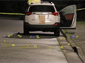 The scene in the 1600-block of Chickadee Place in Coquitlam, where there was a reported shooting on Saturday, Dec. 4, 2021. Bullet casings could be seen scattered on the road.