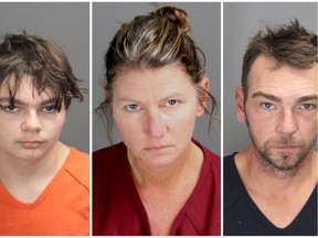 Ethan Robert Crumbley, 15, in a combination photograph with his parents Jennifer Lynn Crumbley and James Robert Crumbley who were taken into custody December 3, 2021.