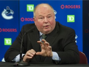 New Canucks head coach Bruce Boudreau addresses the media at in Rogers Arena in Vancouver, Dec. 6, 2021.