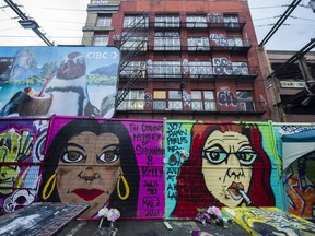 A memorial for Overdose Prevention Society workers Shannon Kelly, left, and Joy Phelps, who died of a toxic drug overdose.