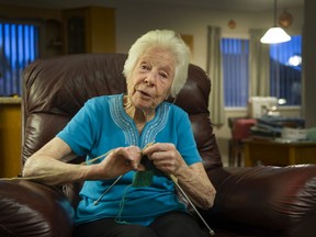 Edna McDonald at her home in Langley. She has done volunteer work most of her life and five years ago began working with the auxiliary at Langley Memorial Hospital sewing bibs, wheelchair bags and other items.
