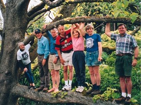 A group of old friends who 50 years ago used to climb this tree in Vancouver. Bob Ross is in the middle.