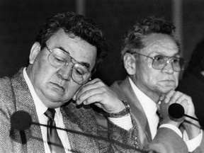 Hereditary Gitxsan chief Delgamuukw Earl Muldoe (left) strikes a reflective pose, while Alfred Joseph looks on at news conference celebrating the B.C. Court of Appeal's decision in 1993.