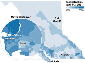 As of the latest figures available, 44 per cent of the province’s 349,000 five to 11 year olds have had a first dose. Another 35,000 have registered with the province’s vaccine booking system.