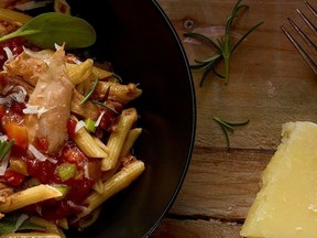 Penne with chicken and coffee ragu sauce.